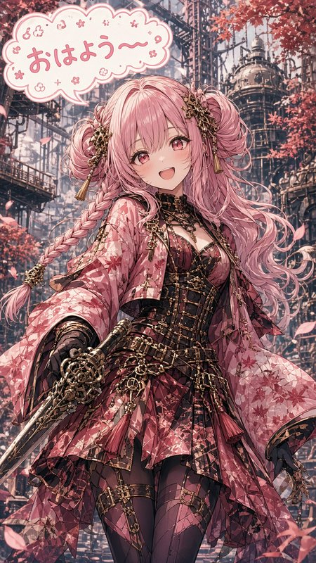 Smiling pink-haired steampunk anime girl holds an ornate sword next to a Japanese good morning speech bubble