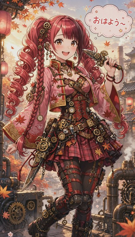 Cheerful steampunk anime girl with pink twin tails holds an ornate gear dagger in an autumn Japanese industrial town