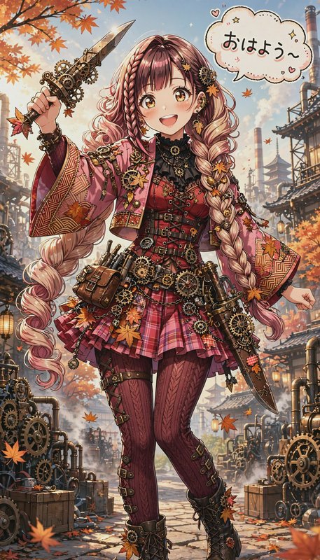 Cheerful braided steampunk anime girl holds a gear dagger in an autumn industrial Japanese town.