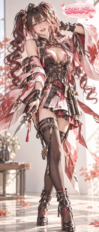 Cheerful steampunk anime girl with curly twin tails winks, holds a dagger, and gives a peace sign greeting
