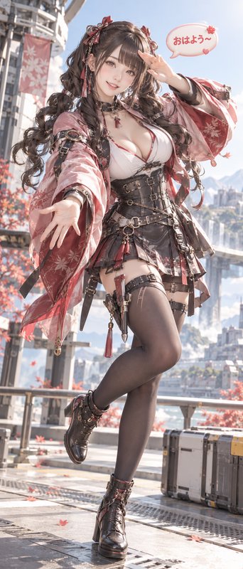 Cheerful steampunk anime girl with twin braids greets viewers from a sunny futuristic city overlook