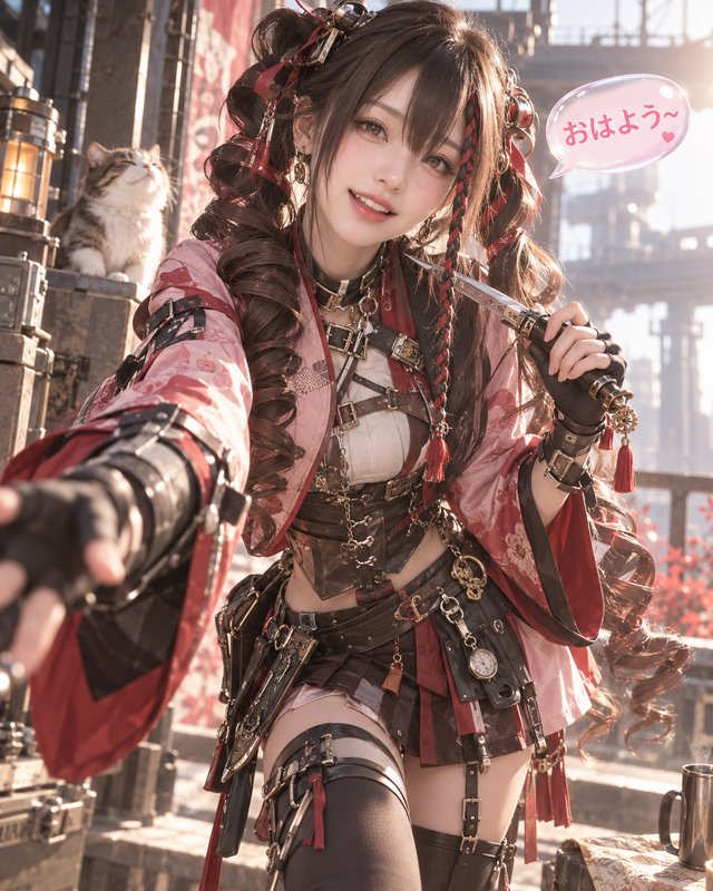 Cheerful steampunk fantasy girl reaches toward the viewer holding a dagger, with a tabby cat and Japanese greeting speech