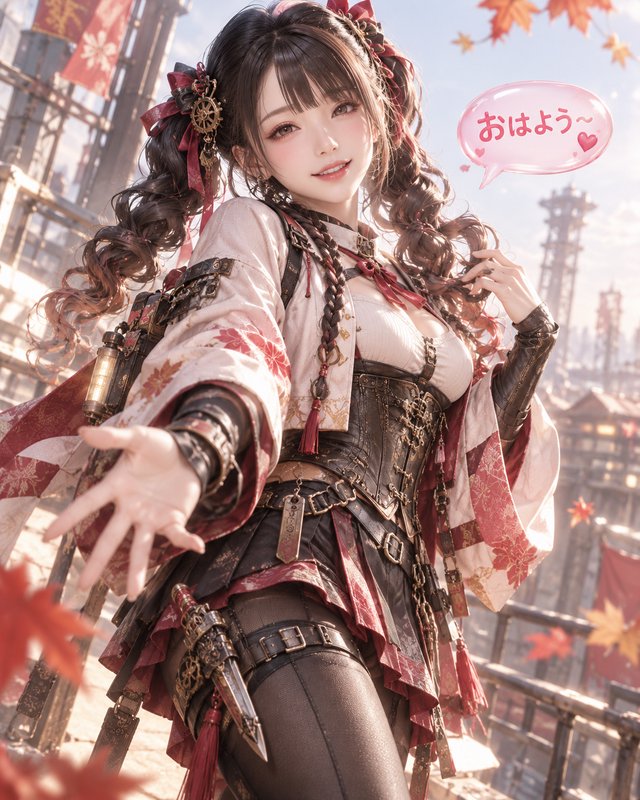 Smiling steampunk anime girl reaches out to the viewer amid falling autumn maple leaves