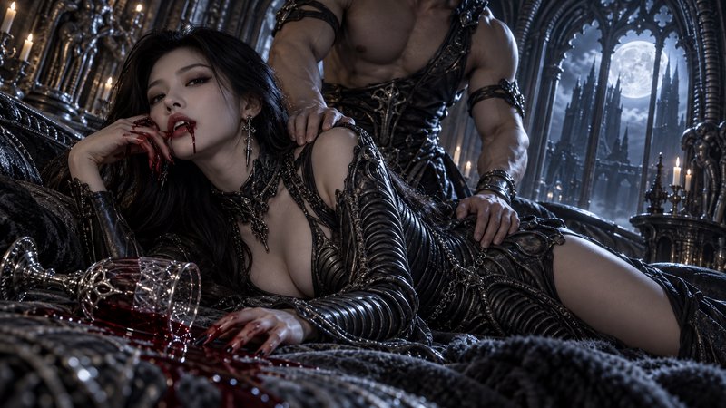 Vampire woman with blood on her lips reclines on an ornate gothic bed, a muscular man standing behind her under a full moon