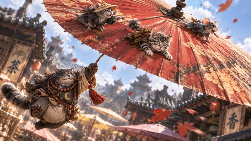 Anthropomorphic monk cat holds a large red umbrella as small cat and mouse companions cling to it above an East Asian market