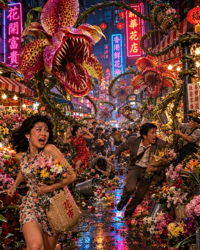 Terrified shoppers flee giant toothy carnivorous monster flowers attacking a rainy neon Hong Kong night flower market