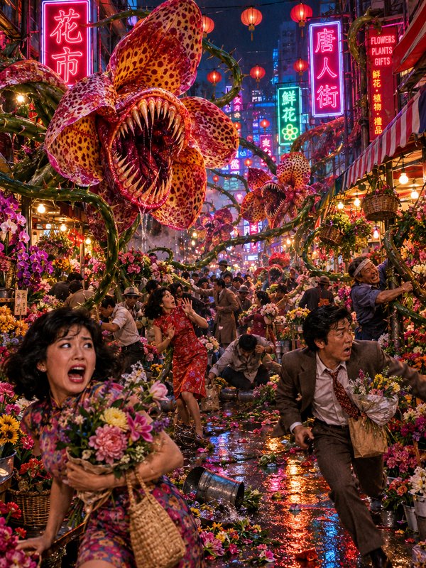 Giant fanged carnivorous flowers attack panicking shoppers at a neon-lit Chinatown night flower market