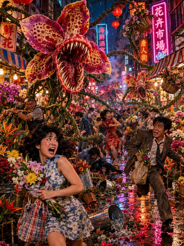 Giant toothy carnivorous flower monsters attack panicked crowds fleeing a neon Chinatown flower market