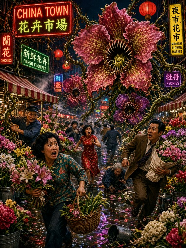 Panicked shoppers flee giant toothy carnivorous flowers invading a neon-lit Chinatown night flower market