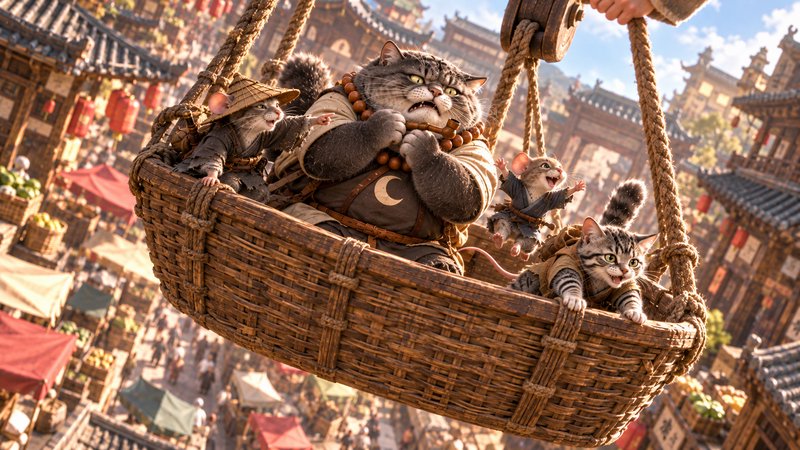 Grumpy anthropomorphic tabby cat and tiny companion cats ride a suspended wicker basket over a bustling ancient East Asian