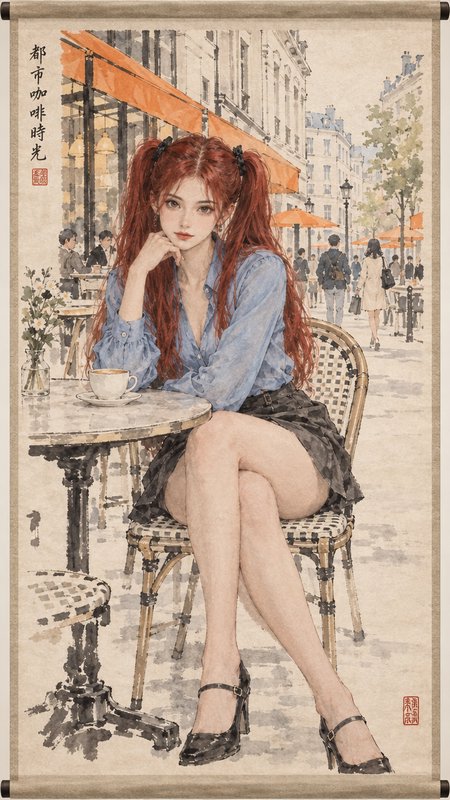 Young woman with red twin tails sits at a Parisian sidewalk cafe in a painted scroll artwork