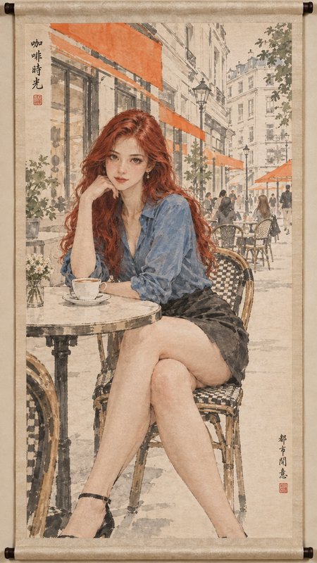 Red haired woman sits with a coffee at a Parisian sidewalk cafe, rendered on a traditional hanging scroll artwork
