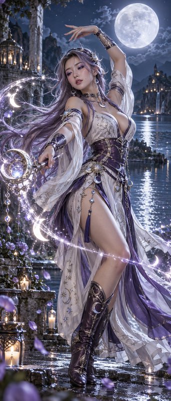 Lavender haired lunar sorceress casts glowing crescent magic while holding a staff under a full moon at a waterfront ruin