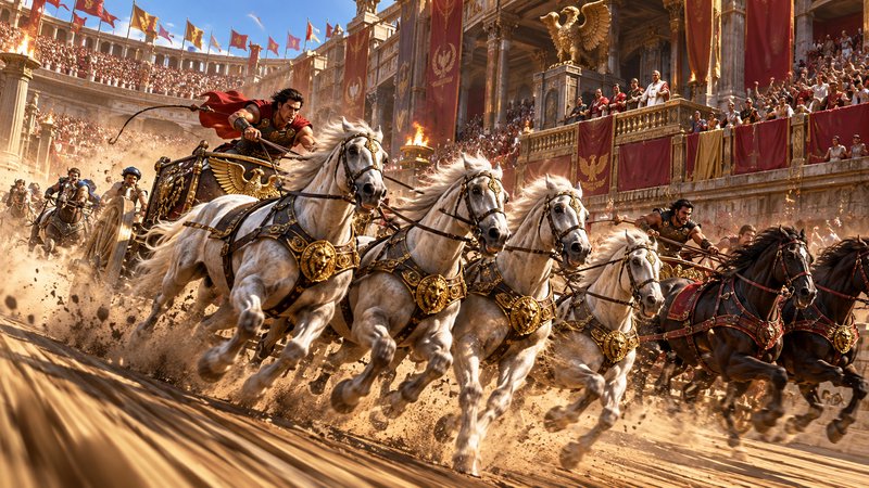 Charioteers race horse-drawn chariots at high speed during a competition in a packed ancient Roman Colosseum