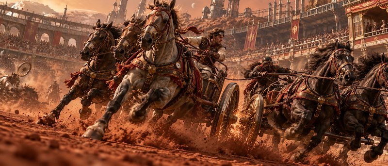 Rival chariot teams race neck and neck kicking up red dust during a chaotic ancient arena competition