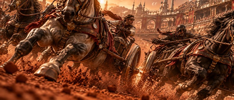 Fierce chariot racers compete at high speed kicking up red dirt in a sunlit ancient coliseum