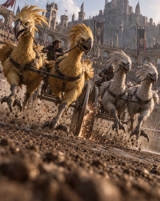 Rival chariots pulled by giant feathered chocobo birds race across a dirt fantasy coliseum track