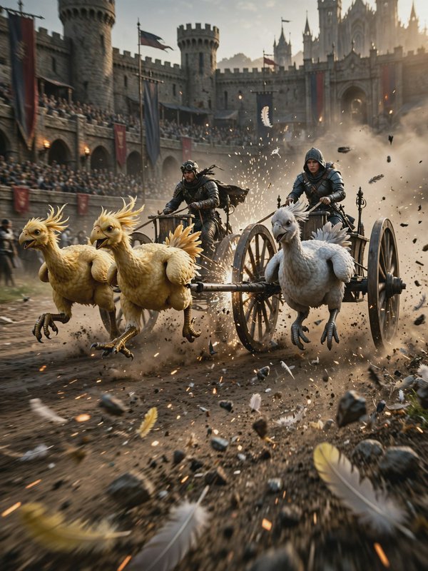 Armored drivers race chariots pulled by large fantasy birds in a medieval castle arena