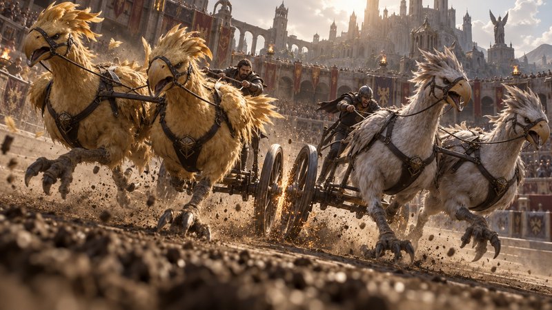 Feathered chocobo-drawn chariots race at speed through a sunlit fantasy coliseum