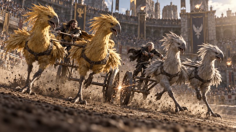 Two chariots pulled by giant feathered avian mounts race across a muddy fantasy coliseum track