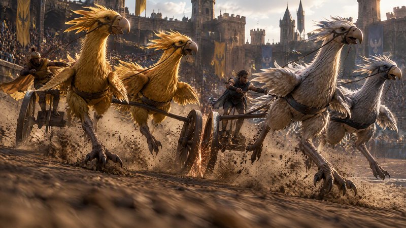 Two chariots pulled by giant feathered fantasy birds race across a dirt castle arena track