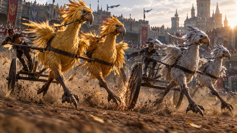 Chocobo-drawn chariots race across a muddy track inside a sunlit medieval fantasy castle arena
