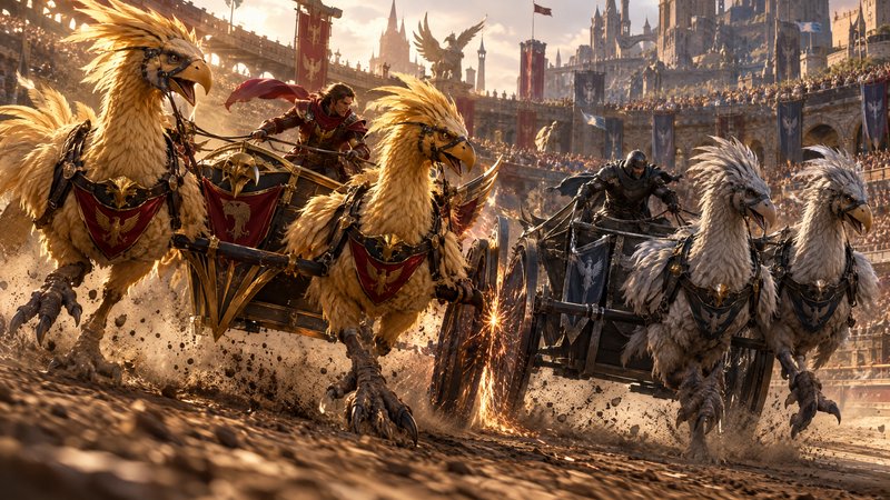 Competing chariots pulled by giant war birds race across a dirt fantasy coliseum track