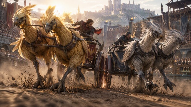 Two competing chariots pulled by giant feathered fantasy bird mounts race across a sunlit coliseum track