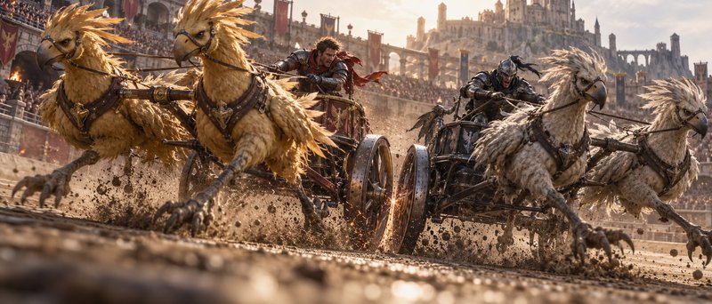 Armored racers compete in a high speed chariot race pulled by giant griffin mounts in a fantasy coliseum