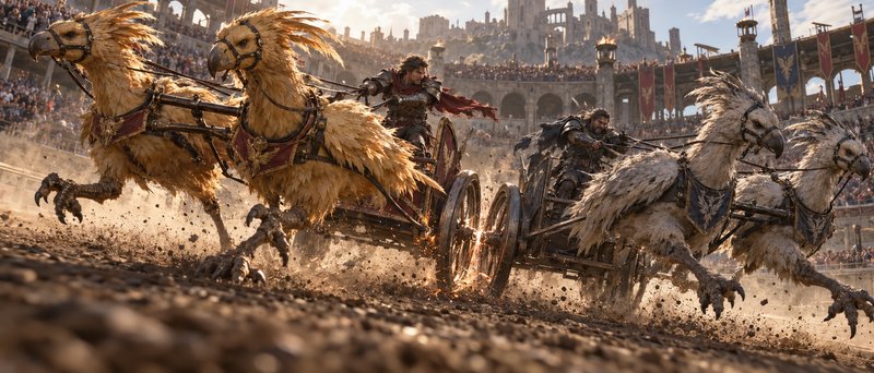 Armored warriors race griffin-drawn chariots during a chaotic competition in a sunlit fantasy coliseum