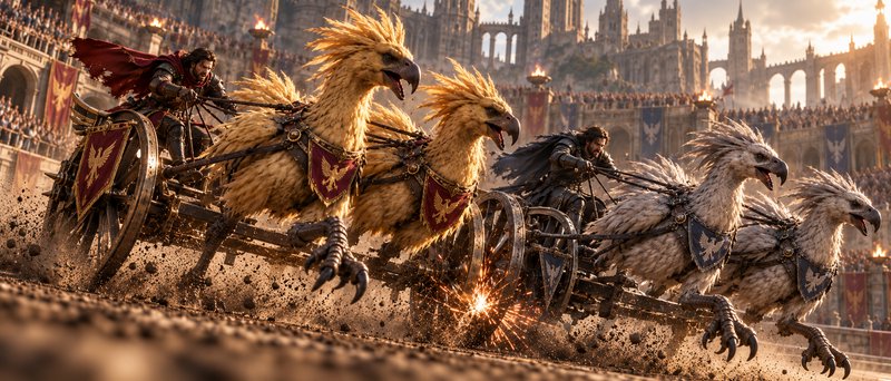 Armored warriors race griffin-drawn chariots side by side in a crowded sunlit fantasy coliseum