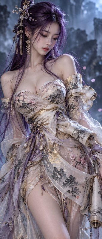 Ethereal xianxia woman with long purple hair wears an ornate sheer landscape-print gown against misty mountains
