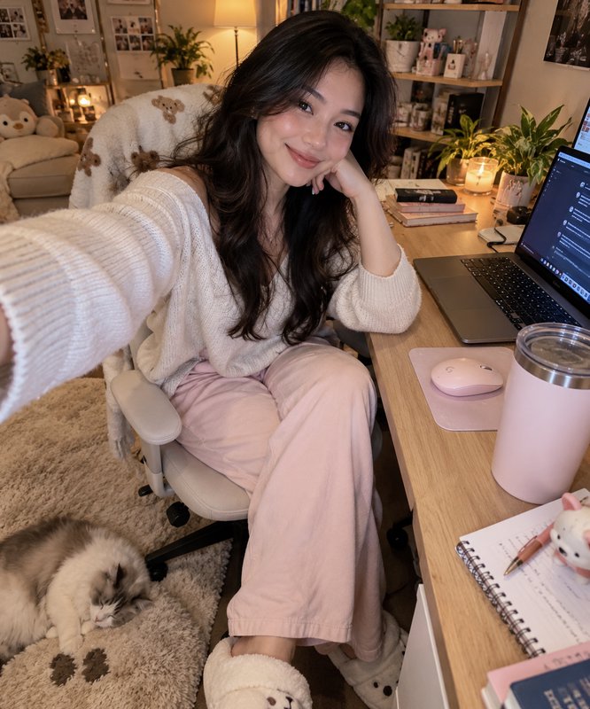 Smiling young woman takes a selfie at her cozy home desk beside a napping fluffy cat