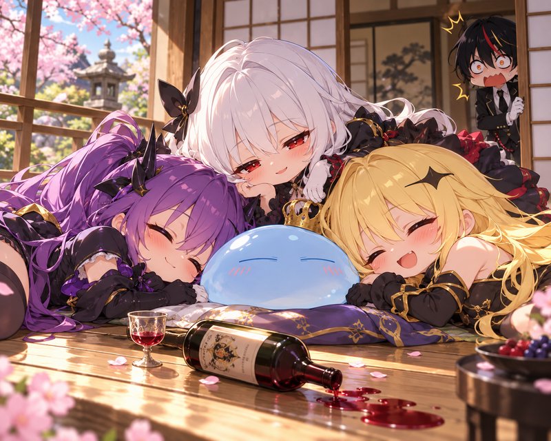 Chibi anime girls rest around a crowned slime as a shocked onlooker peeks from a sunlit cherry blossom veranda doorway