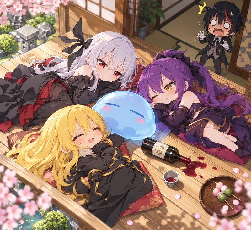 Chibi anime girls, a sleepy slime, and a shocked butler rest on a wooden porch with spilled wine and cherry blossom views
