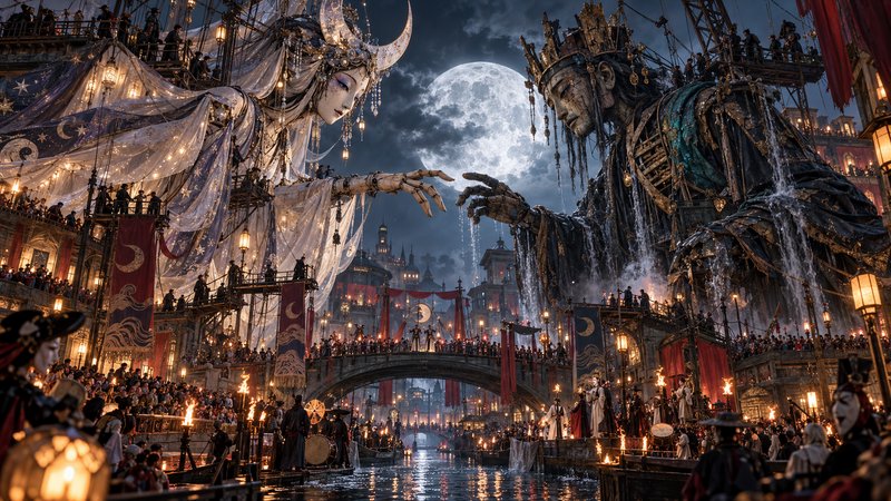 Giant lunar goddess puppet and crowned king statue reach to touch fingers above a moonlit fantasy canal festival