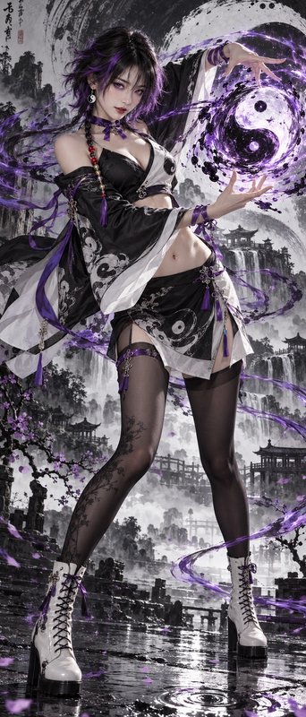 Female fantasy cultivator channeling glowing purple yin-yang magic in an ink wash traditional landscape