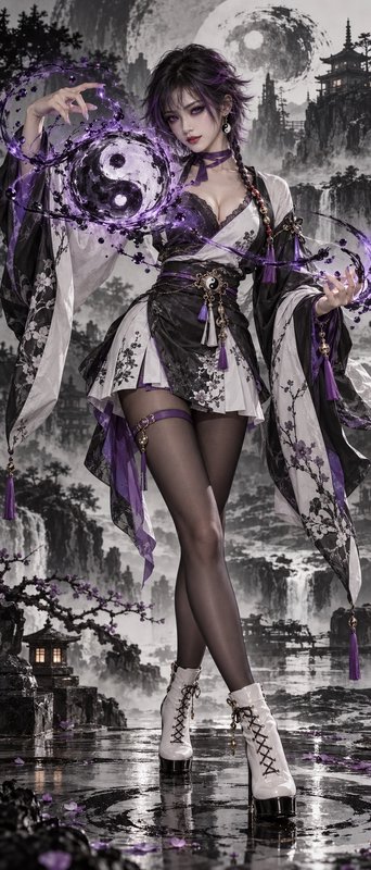 Taoist fantasy sorceress wielding glowing purple yin-yang magic against a misty ink landscape