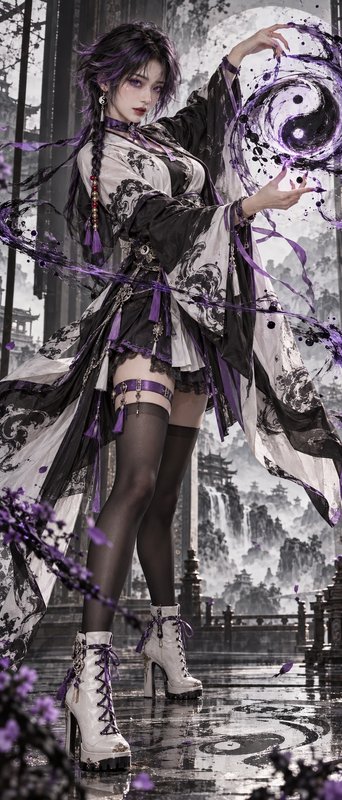 Fantasy Taoist sorceress conjures swirling purple yin yang magic on a misty traditional terrace
