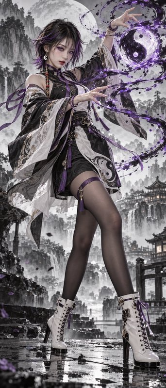 Taoist sorceress casting swirling purple yin-yang magic in a misty ancient ink-style mountain landscape