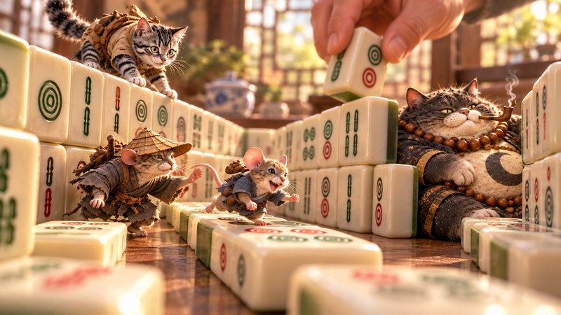 Tiny anthropomorphic cat and mouse characters explore a giant mahjong table mid-game