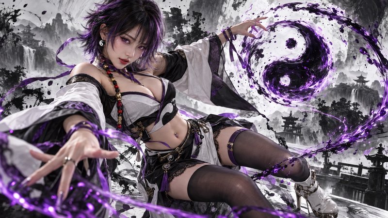 Purple haired taoist fantasy woman conjuring glowing purple yin yang magic against ink wash mountain scenery