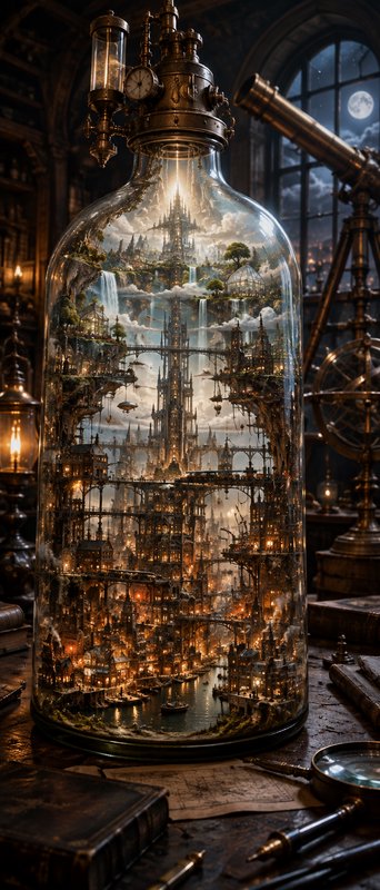 Intricate layered steampunk fantasy city trapped inside a brass-topped glass bottle on an alchemist's work desk