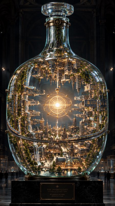 Layered upside-down and rightside-up fantasy infinite city contained inside a large glass display decanter
