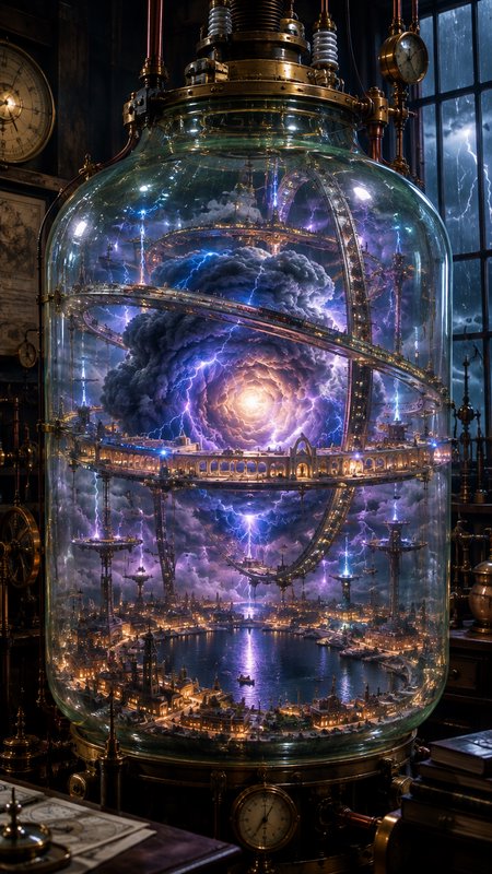 Large steampunk glass chamber containing a tiny glowing stormy fantasy city inside a Victorian laboratory