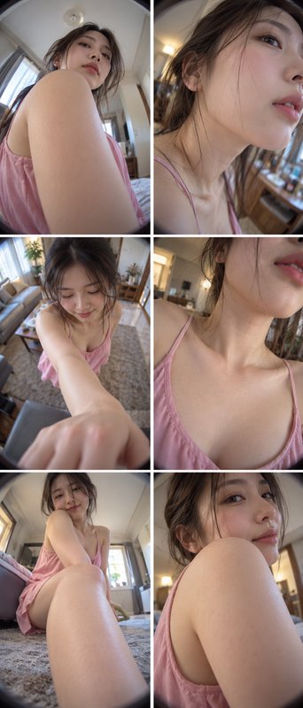 Six-panel collage of fisheye selfies of a young woman in a pink camisole in a sunlit home