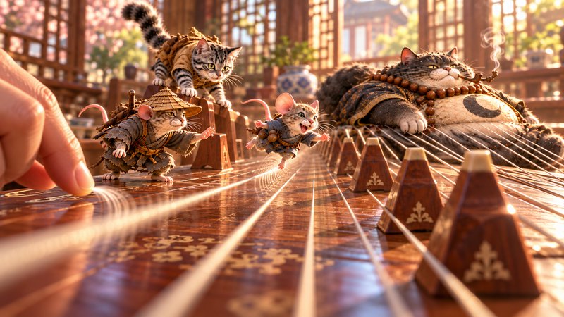 Tiny anthropomorphic cat and mouse characters race across the strings of a traditional guzheng instrument