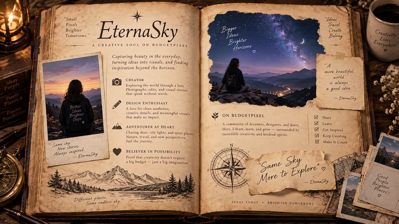 Open vintage scrapbook journal spread showcasing the EternaSky creative personal brand profile
