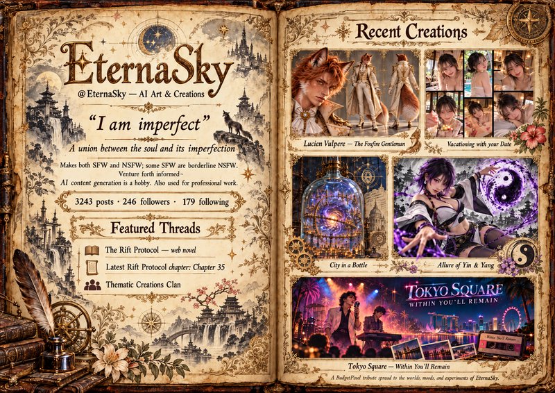 Open ornate vintage fantasy grimoire displaying EternaSky AI artist profile and original artwork gallery