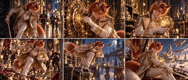 Six-panel sequential art of a red-haired fox prince navigating a glowing gilded steampunk fantasy palace